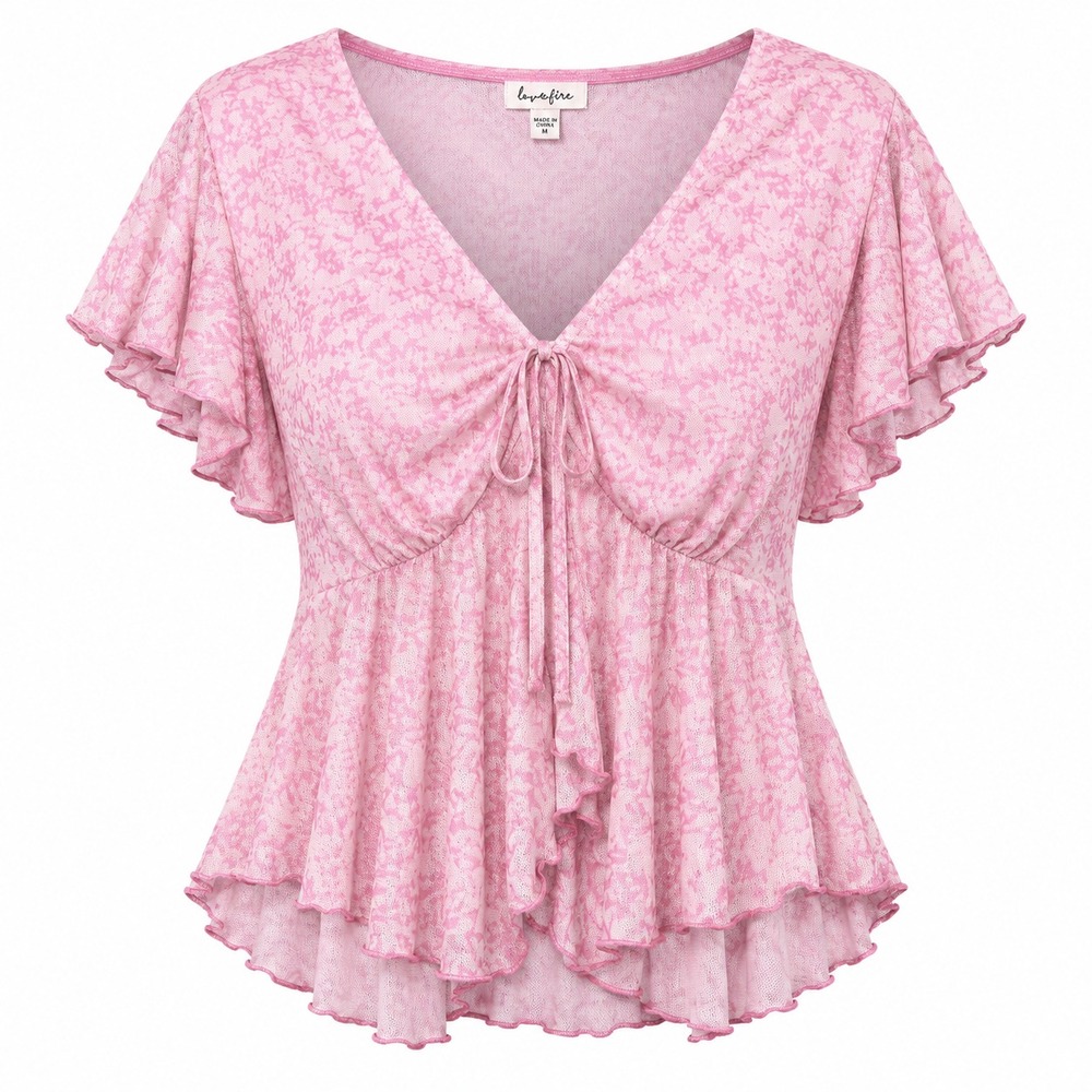Y2K Coquette Floral Mesh Babydoll Top Women Large Pinkcore Fairycore Soft Girl